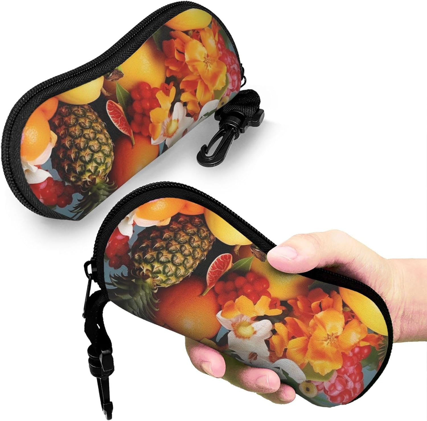 Tropical Fruits and Flowers Sunglasses Case, Hard EVA Shell Shockproof Sport Glasses Case with Carabiner Ultra Light Zipper Eyeglasses Holder Travel Glasses Storage Case for Men Women Outdoor