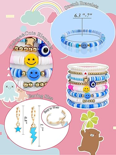 Miniatura 2 de Abitoncc Preppy Heishi - Juego de pulseras de surfista para niñas adolescentes, bonitos aretes estéticos, anillos estéticos preppy coloridos de oro