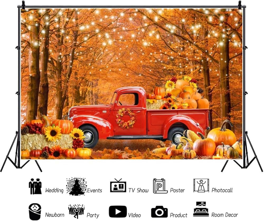 Fall Forest Red Truck Backdrop Autumn Maple Leaves Harvest Pumpkin Landscape Photo Background for Photography Fall Theme Thanksgiving Day Party Decorations Banner Birthday Baby Shower Backdrop 8x6ft