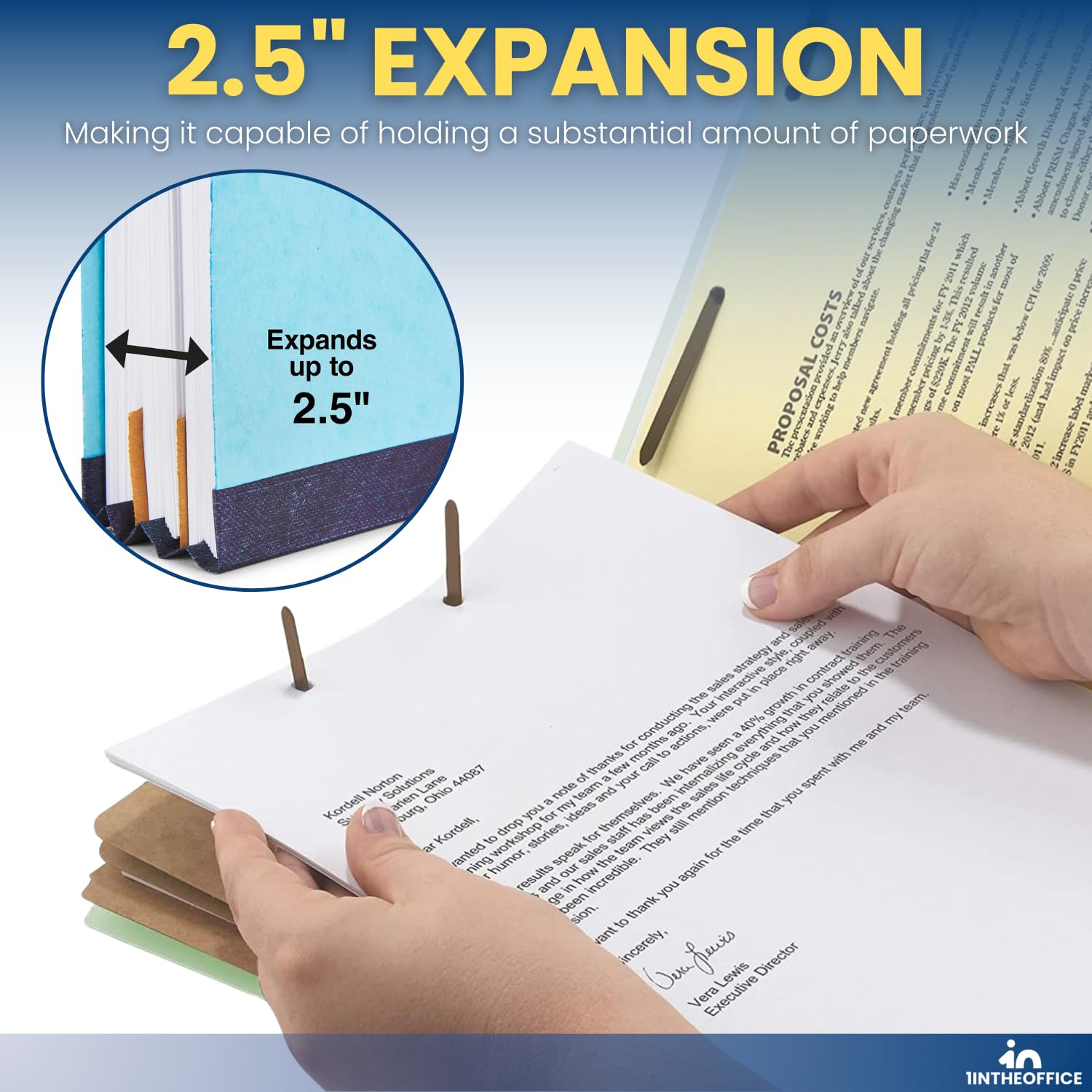 1InTheOffice Carpeta de clasificación para tablones prensados, 2 divisores, 2.5 pulgadas de expansión, tamaño carta, azul claro, 20 piezas