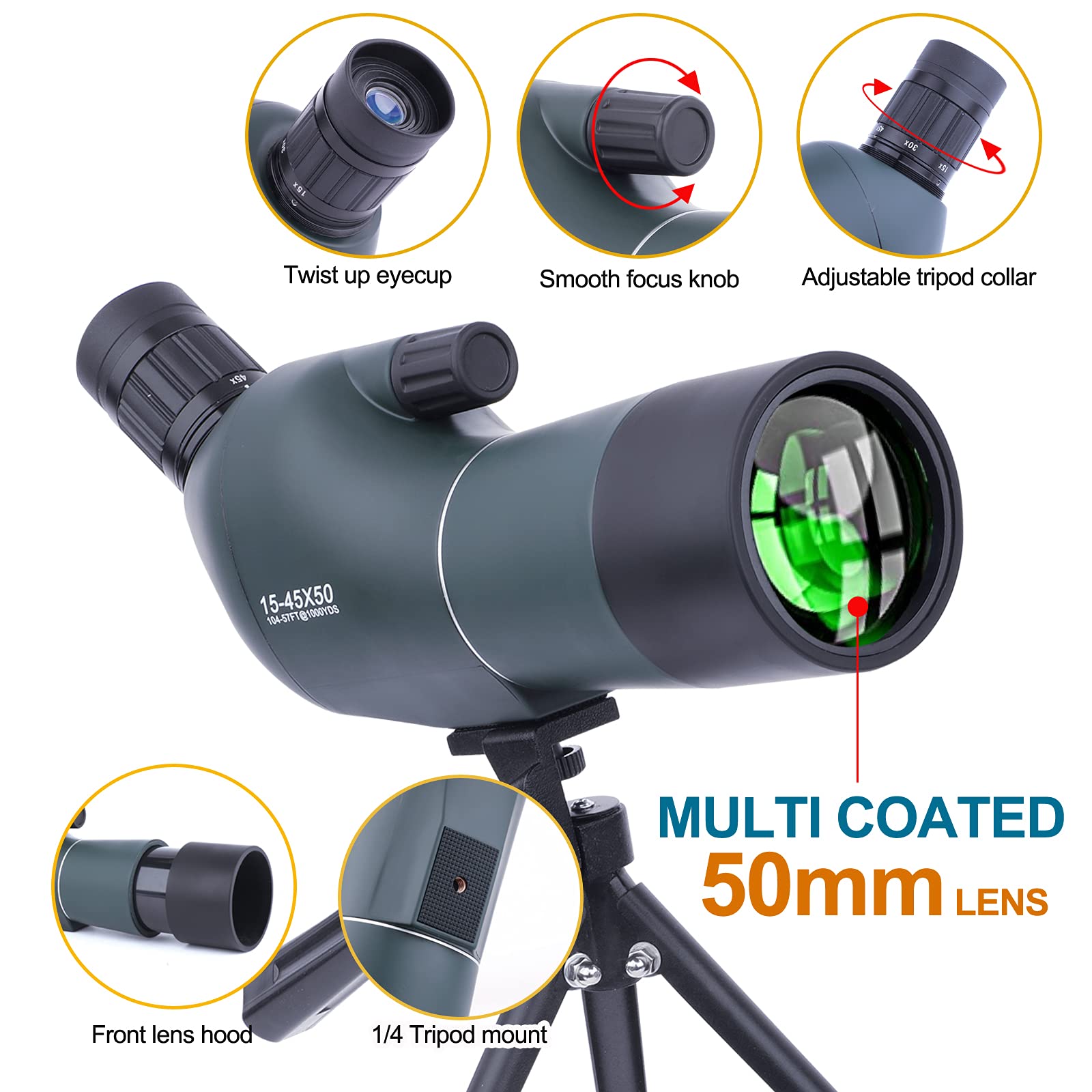 15-45x50 Cannocchiale con Treppiede, Borsa per il Trasporto e Adattatore per Smartphone, FMC Ottica Bak4 Prisma Telescopio Spotting Scope con Smartphone Adapter per Tiro a Segno Birdwatching Caccia