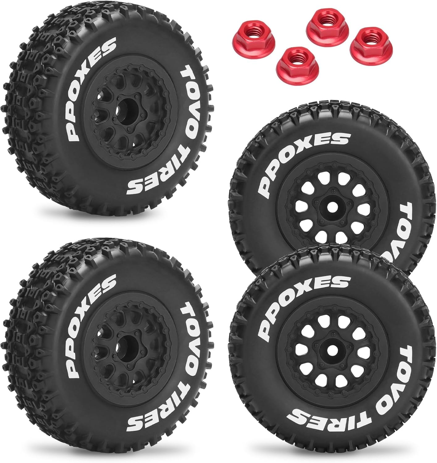 1/10 RC Short Course Tires 12mm Hex RC Wheels and Tires RC Truck Tires for RC Off-Road Car RC Car Wheels for Traxxas TRX4 Slash Arrma Losi Tenacity Vkar 10sc Hpi RC Buggy Car 4PCS (Style C) - Black