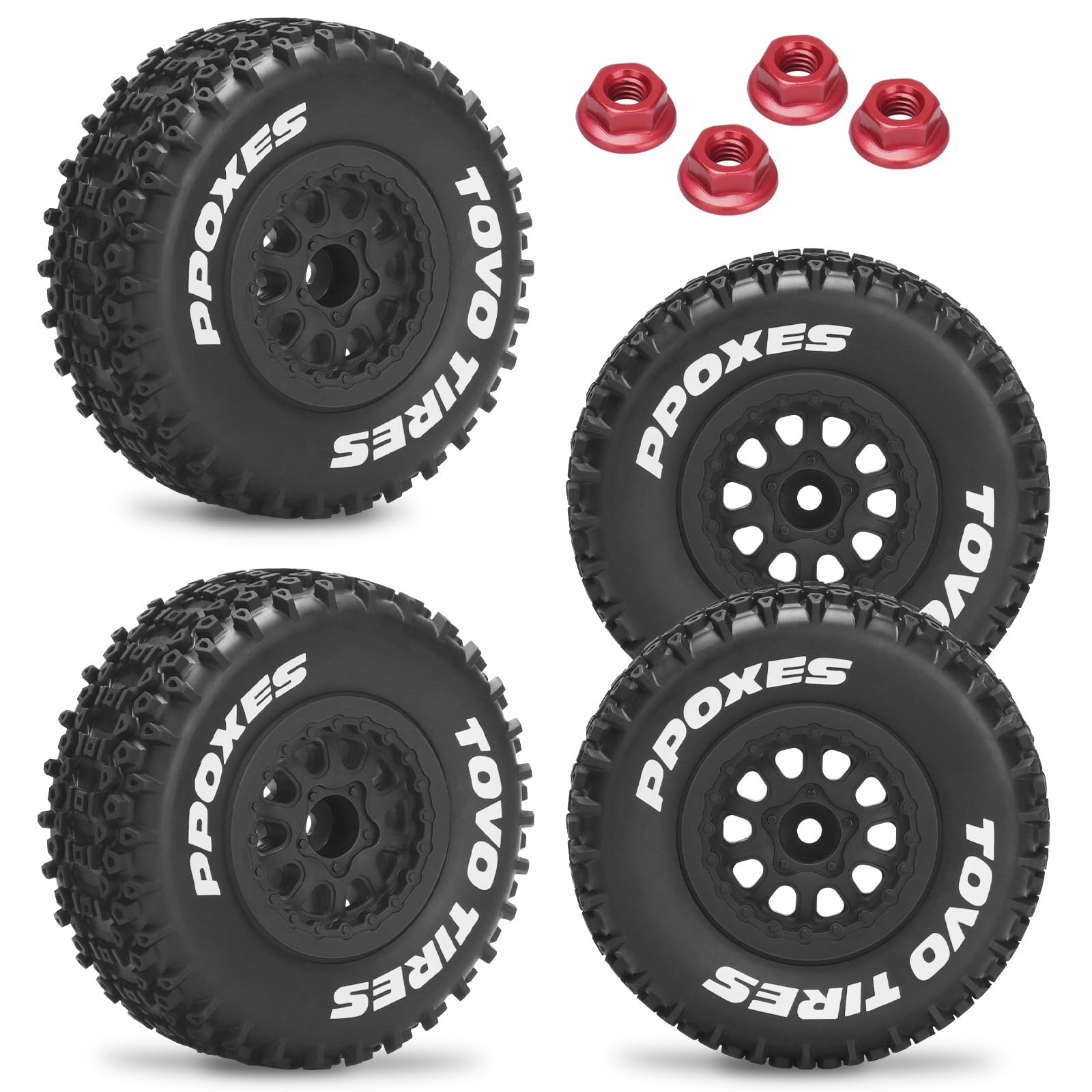 1/10 RC Short Course Tires 12mm Hex RC Wheels and Tires RC Truck Tires for RC Off-Road Car RC Car Wheels for Traxxas TRX4 Slash Arrma Losi Tenacity Vkar 10sc Hpi RC Buggy Car 4PCS (Style C) - Black
