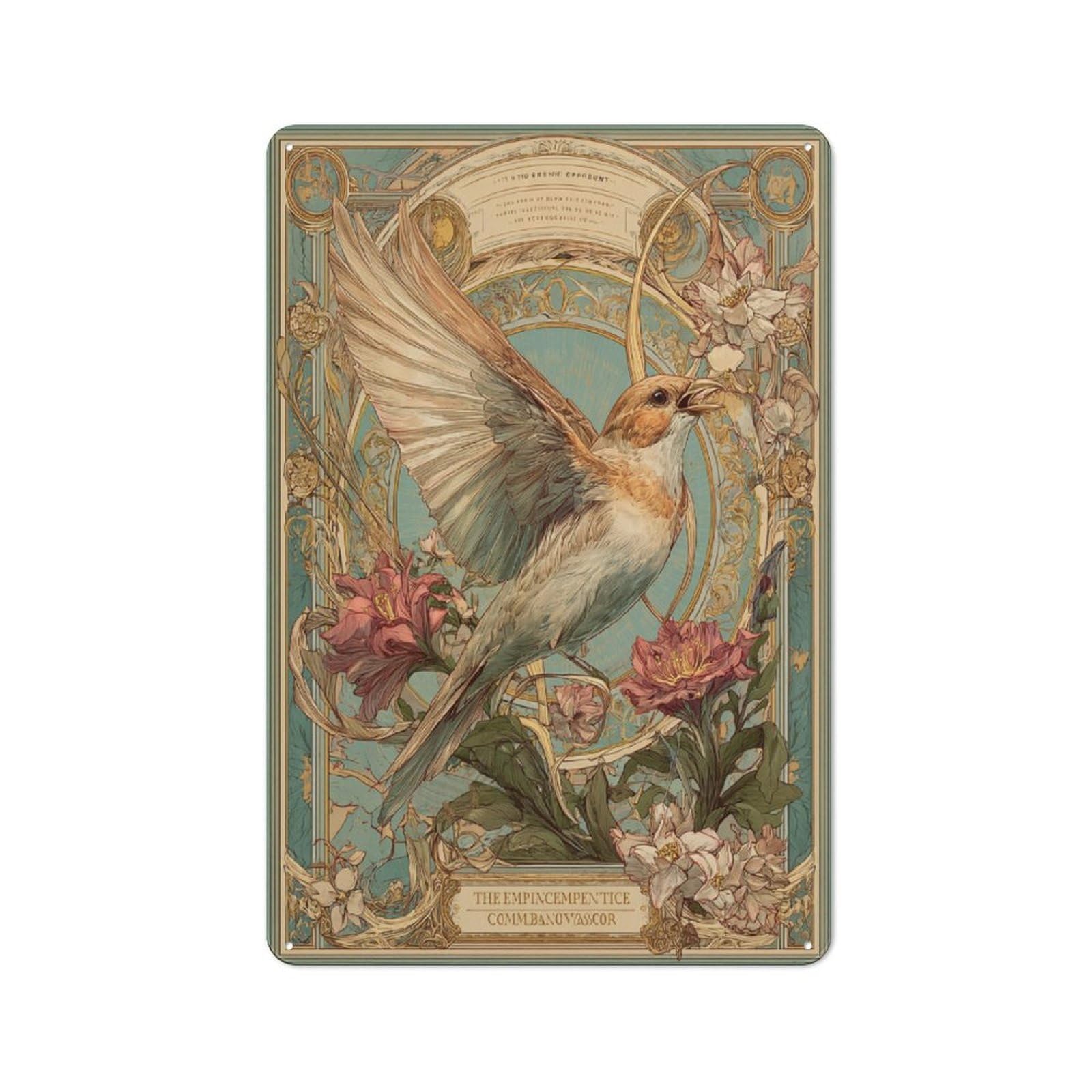Junmoney Art Nouveau Bird Illustration Vintage Metal Plaque 30X20cm For Man Cave Or Games Room, For An Autumn Update To Man Cave And Games Room