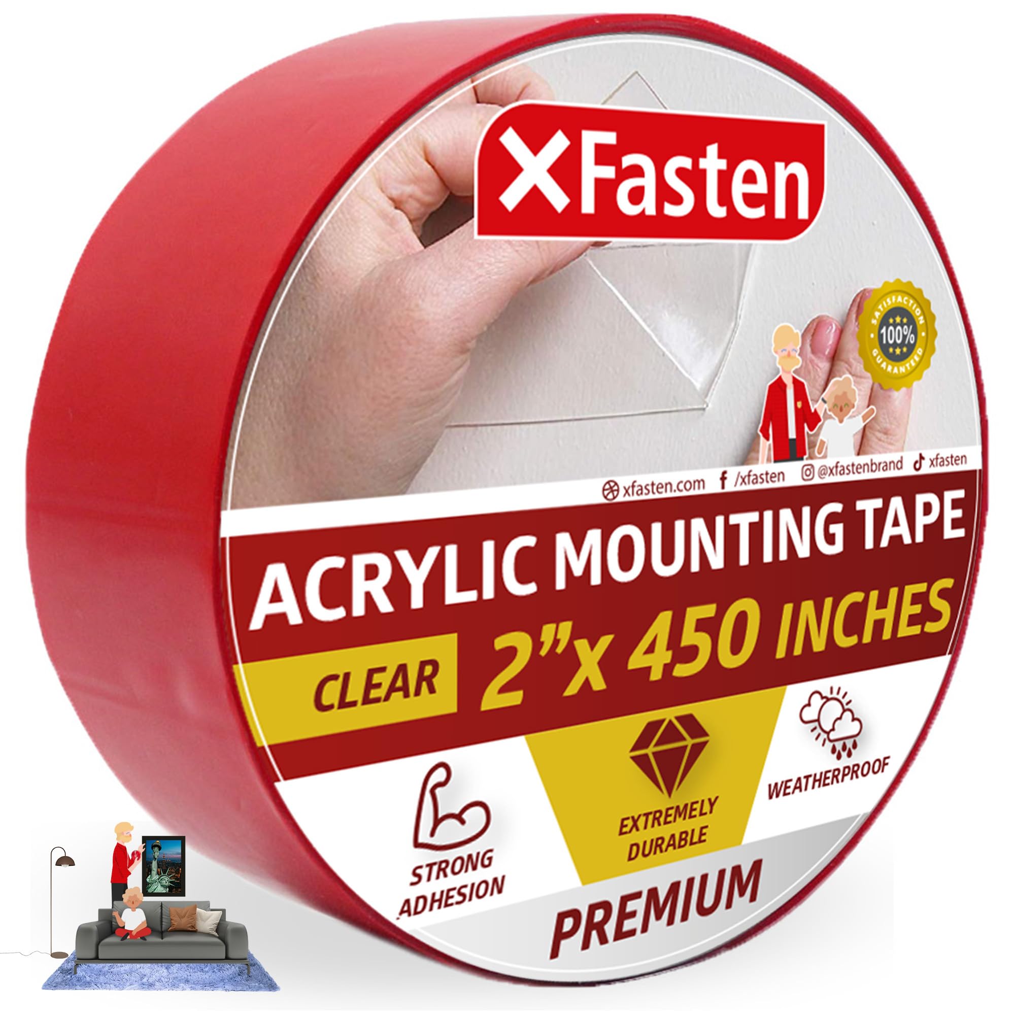 XFasten Acrylic Mounting Tape, 2-Inch x 450-Inch - Outdoor and Indoor Super Strong Double Sided Weatherproof Mounting Tape, Removable