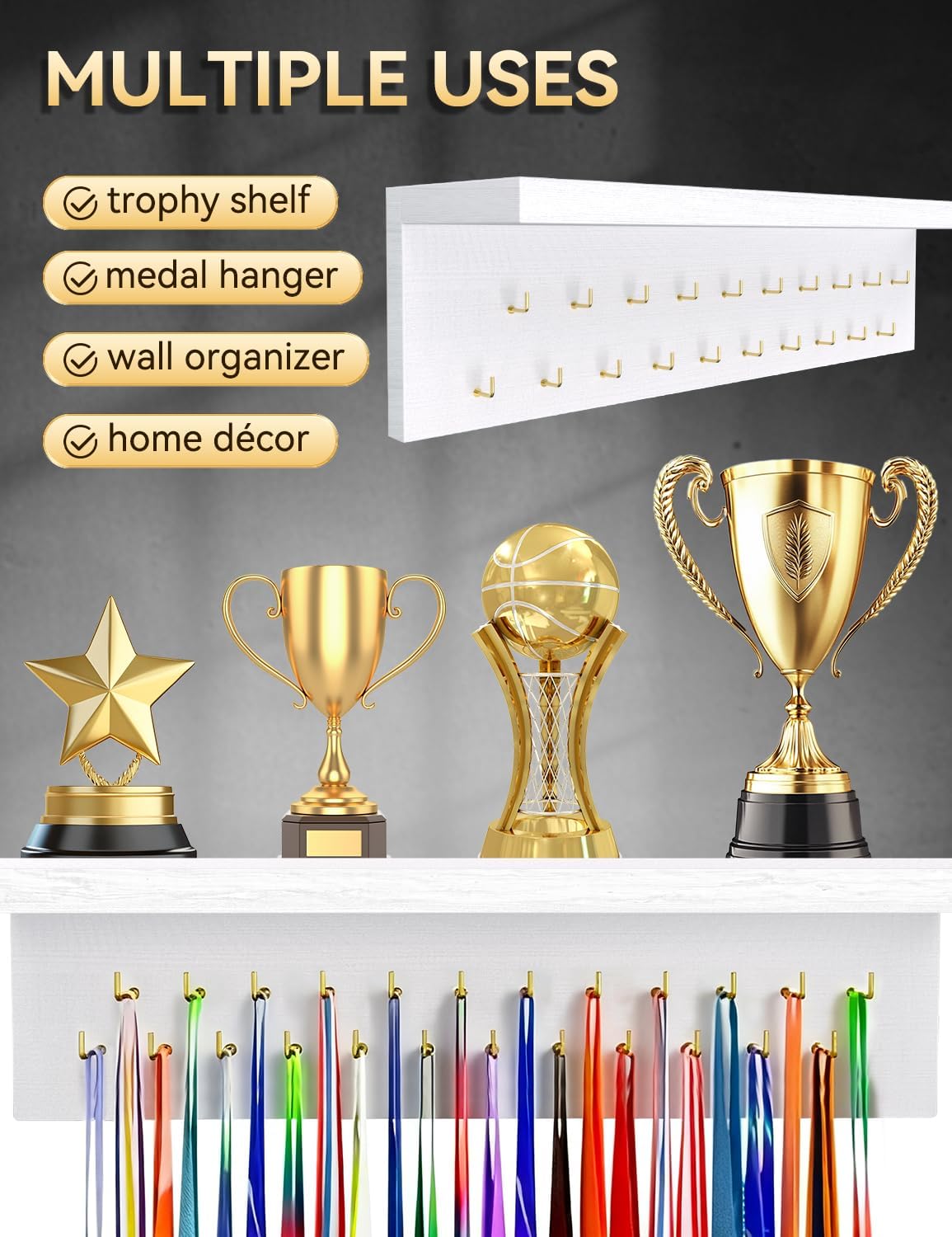 Wooden Medal Hanger Display with Trophy Shelf - 19 Hooks Medal Holder Display for Wall, Sturdy Medal Display Shelf for Gymnastics, Soccer, Running Awards