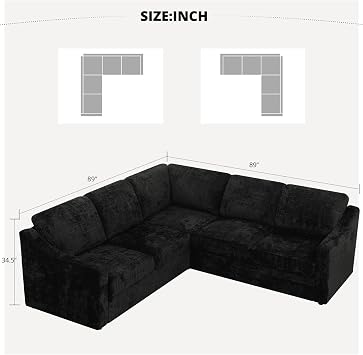 89 Inches Chenille Sectional Sofa with High Density Sponge, Black