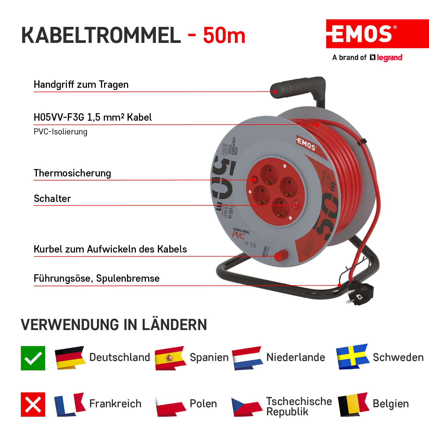 EMOS - Bęben kablowy 50 m z przełącznikiem – 4 gniazda Schuko – 230 V, 16 A, 3680 W – wysokiej jakości izolacja PCW – H05VV-F3G 1,5 mm² – zabezpieczenie przed przegrzaniem – IP20 do użytku wewnątrz