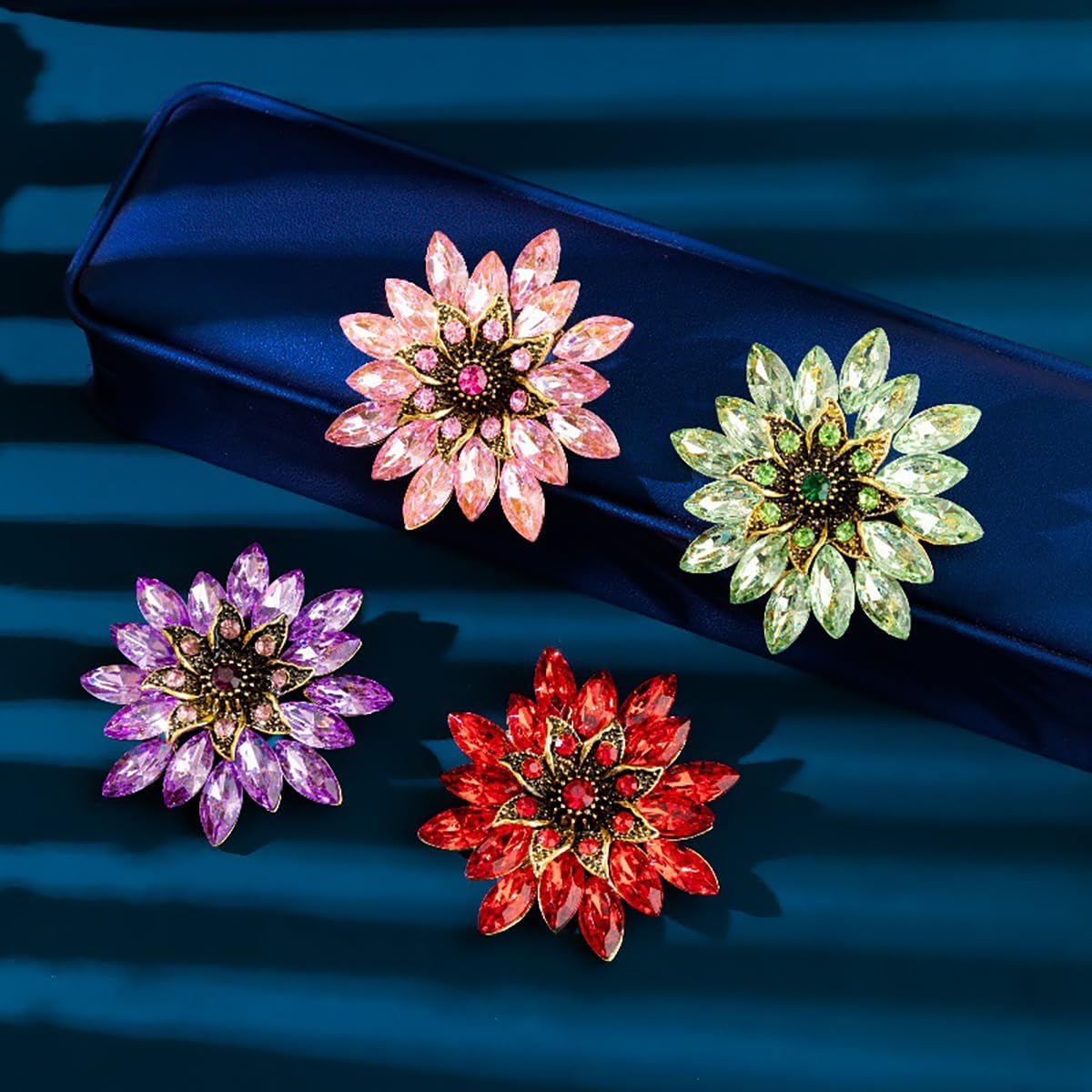 Sparkling Rhinestone Flower Brooch Pin Fashion Crystal Sunflower Brooch Floral Lapel Pins Red/Green/Purple/Pink Crystal CZ Broochs Large Flower Pin Clothes Hat Bag Dress Broochs Wedding Bridal Jewelry for Women - Image 4