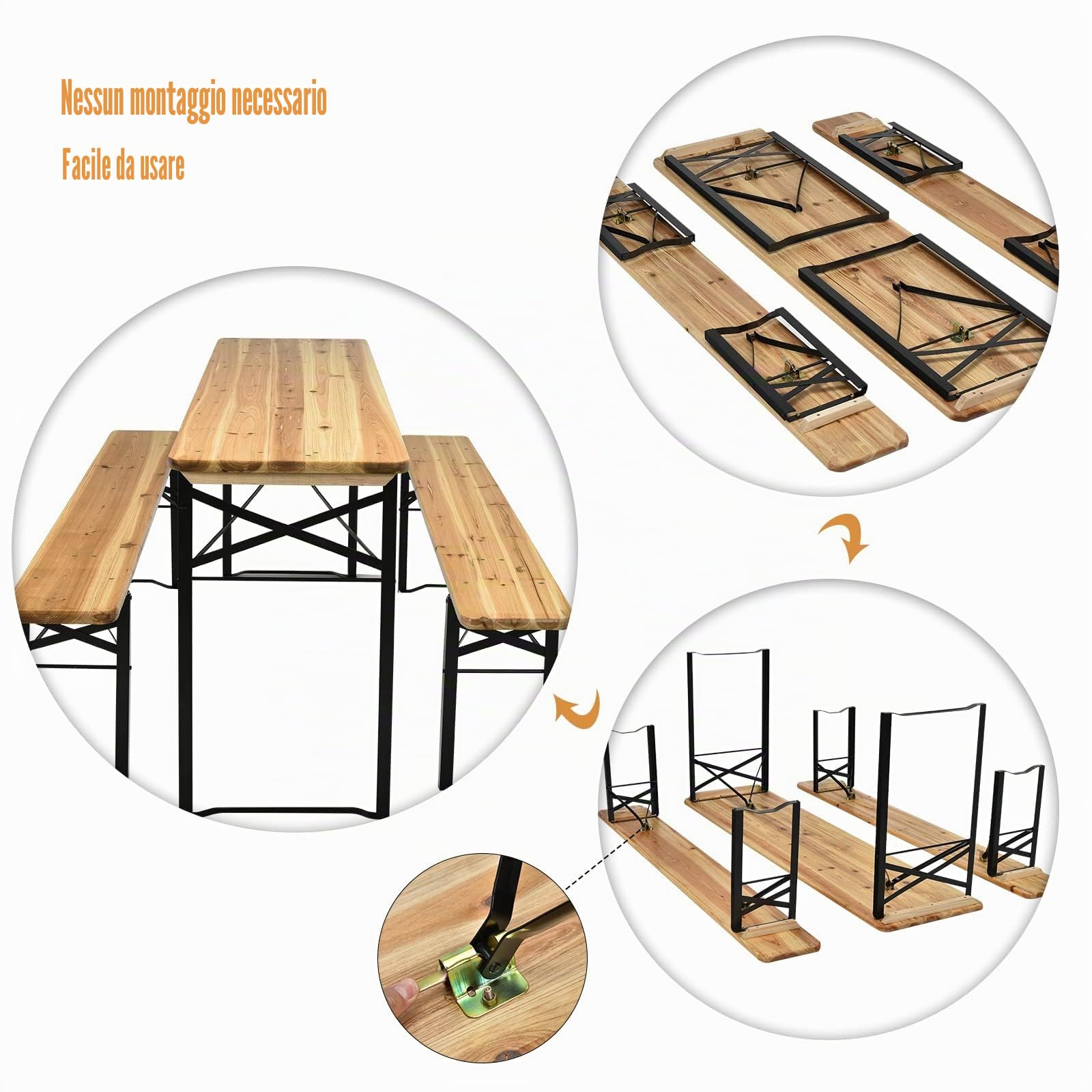 FANTASK Set di 3 tavoli da campeggio con 2 panche, set di tavoli da campeggio, telaio in metallo, tavolo da picnic, per terrazza e giardino, 178 x 46 x 76 cm