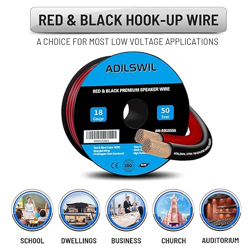 Miniatura 5 de Cable de altavoz de 18 AWG de 50 pies, 2 conductores eléctricos de conexión de cable rojo negro, tiras de iluminación LED, cable de extensión de