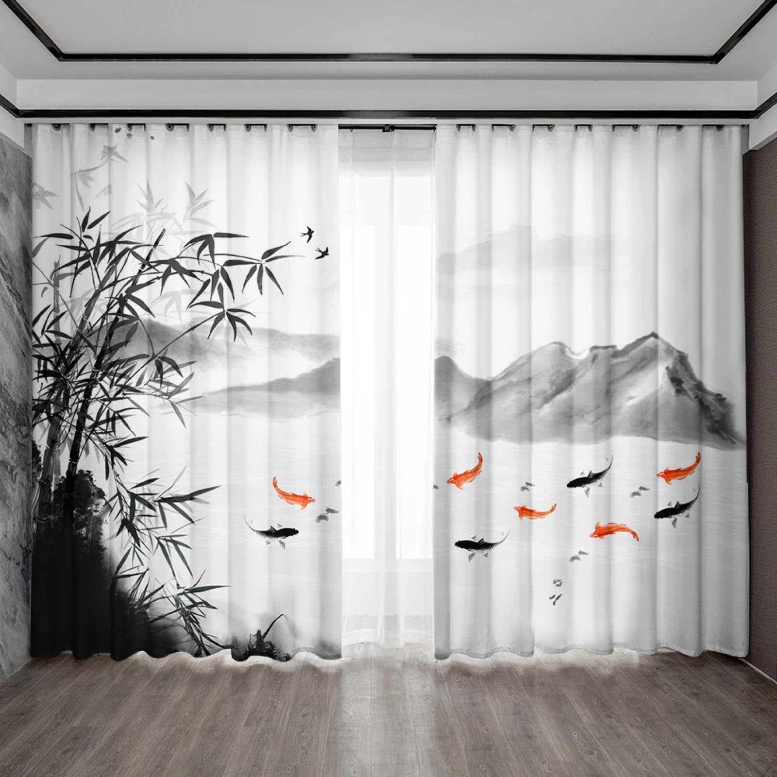 Rideaux occultants peinture encre de bambou pour balcon et café