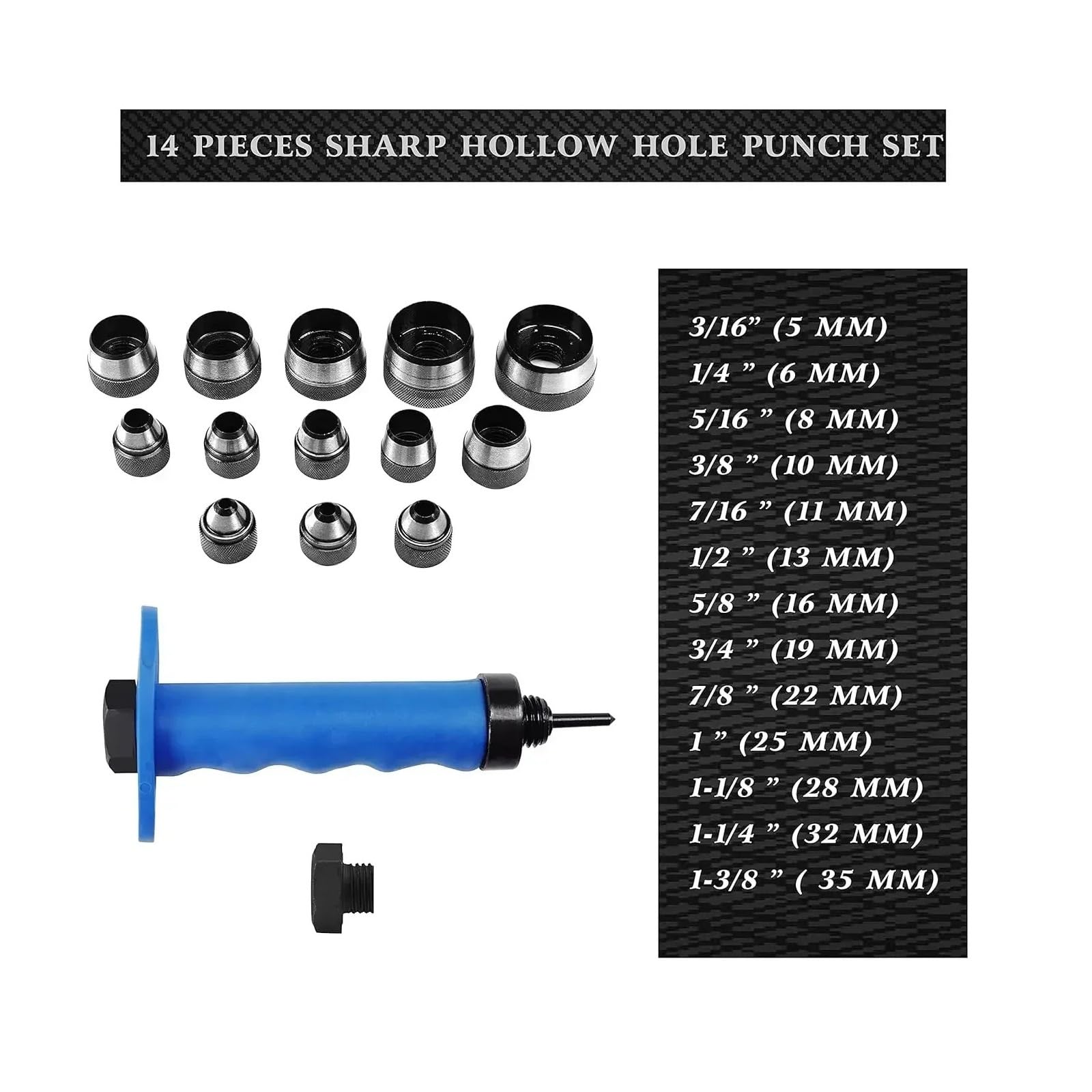 14-teiliges Locherset (5–35 mm) aus hochkohlenstoffhaltigem Stahl for Leder und Kunststoff, Gummi und Leder. Geeignet for DIY-Projekte. Breites Anwendungsgebiet