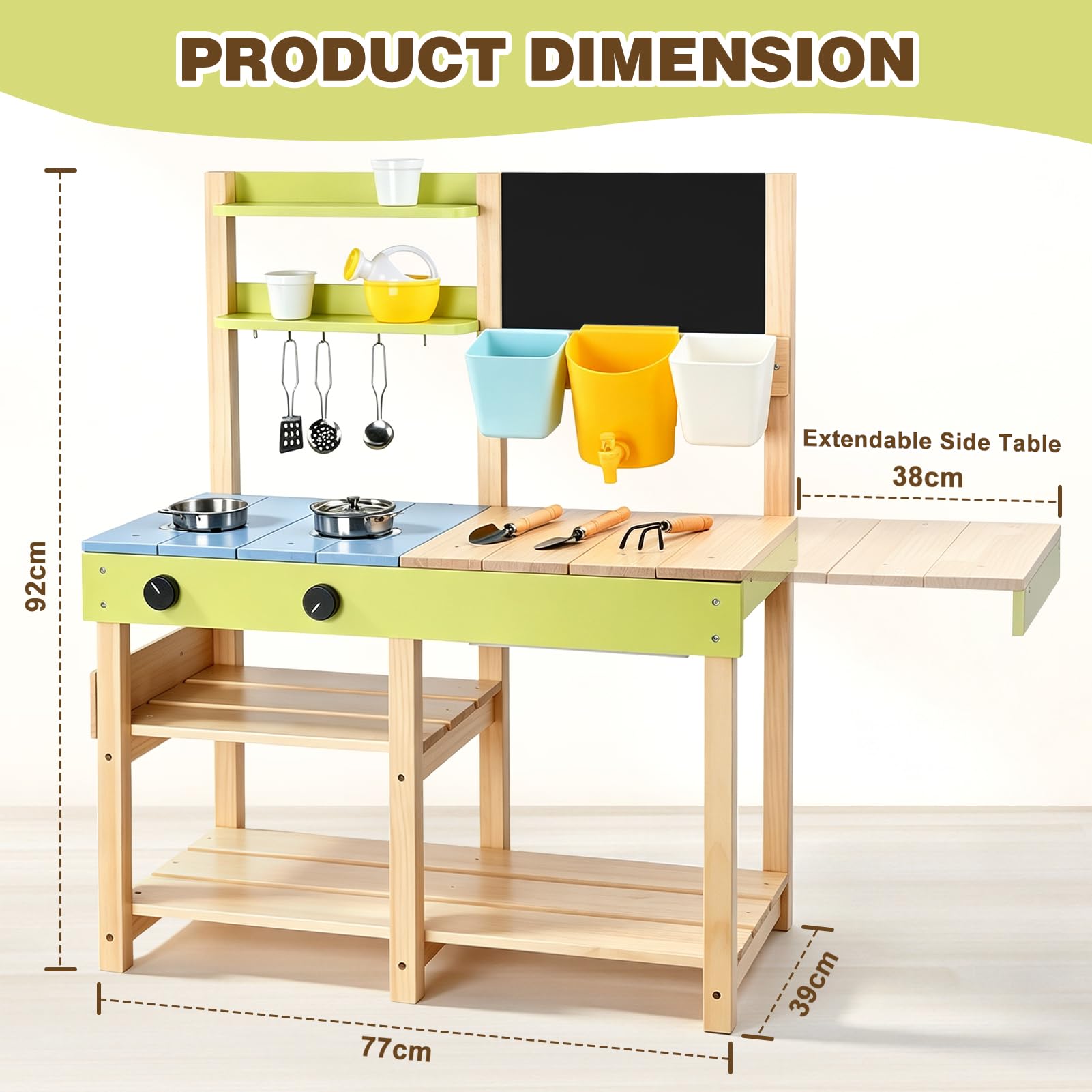 Dreamon Cuisine Extérieur Enfant en Bois avec Évier Amovible - Mud Kitchen Enfant avec Tableau Noir, Outils de Jardin- Accessoires de Cuisine en Boue pour Les Enfants à partir de 3 Ans