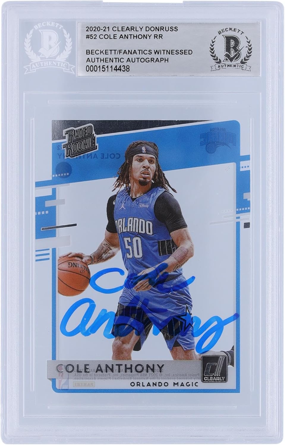 Cole Anthony Orlando Magic Autographed 2020-21 Panini Donruss Clearly Rated Rookie #52 Beckett Fanatics Witnessed Authenticated Rookie Card - Basketball Slabbed Autographed Rookie Cards