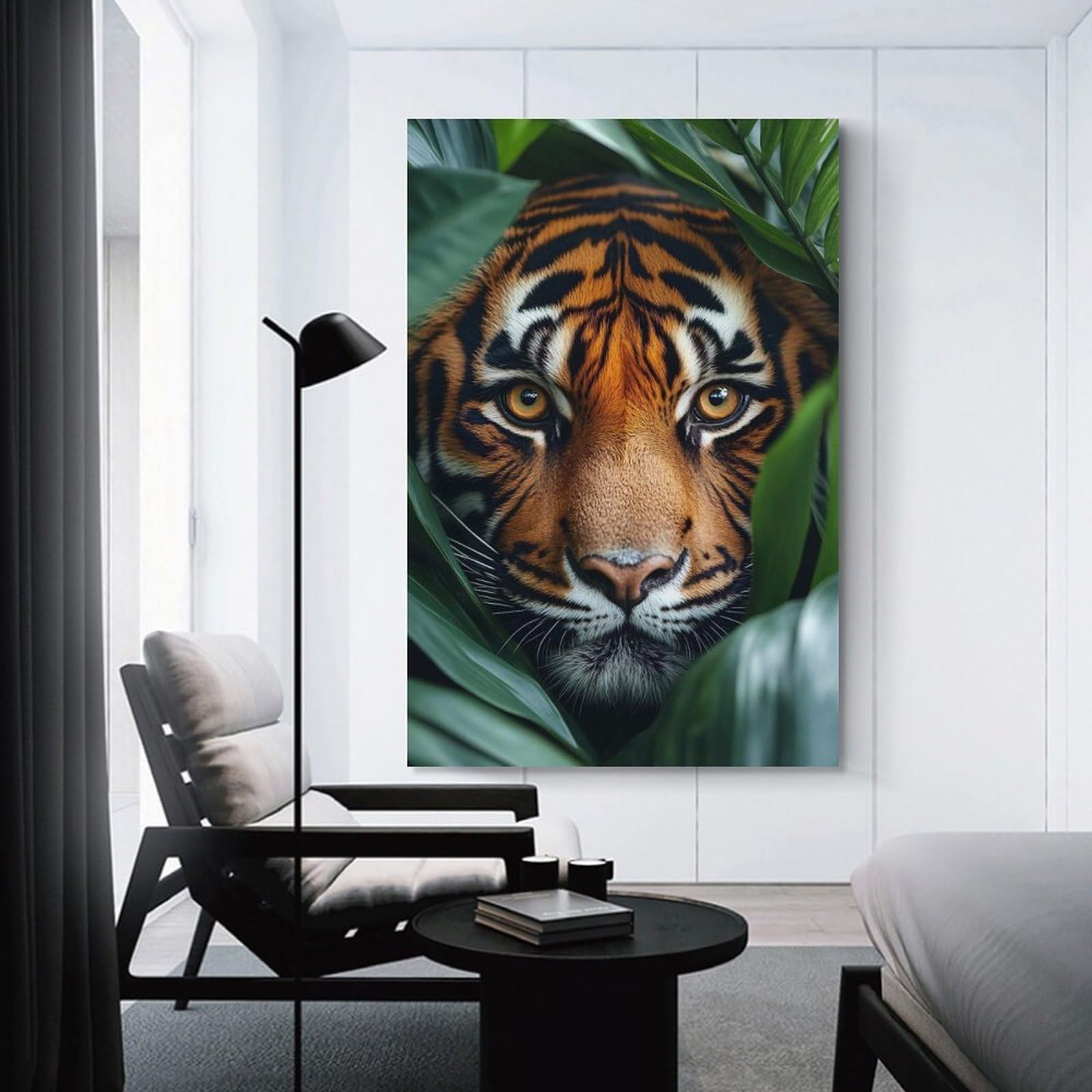 Junmoney Tiger Portrait in Lush Foliage Canvas Wall Art 24x36inch(60x90cm), for Work Areas, Reading Rooms Or Studios, A Smart Decor Choice for Study Walls