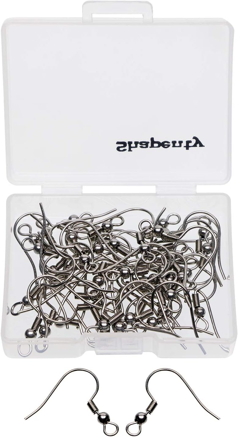 Shapenty Surgical Stainless Steel Ball Coil Fish Earring Hooks Clasp Hypo-allergenic Ear Wire Bead Connector Hooks with Large Loop for DIY Jewelry Finding Making, 50PCS/25Pairs