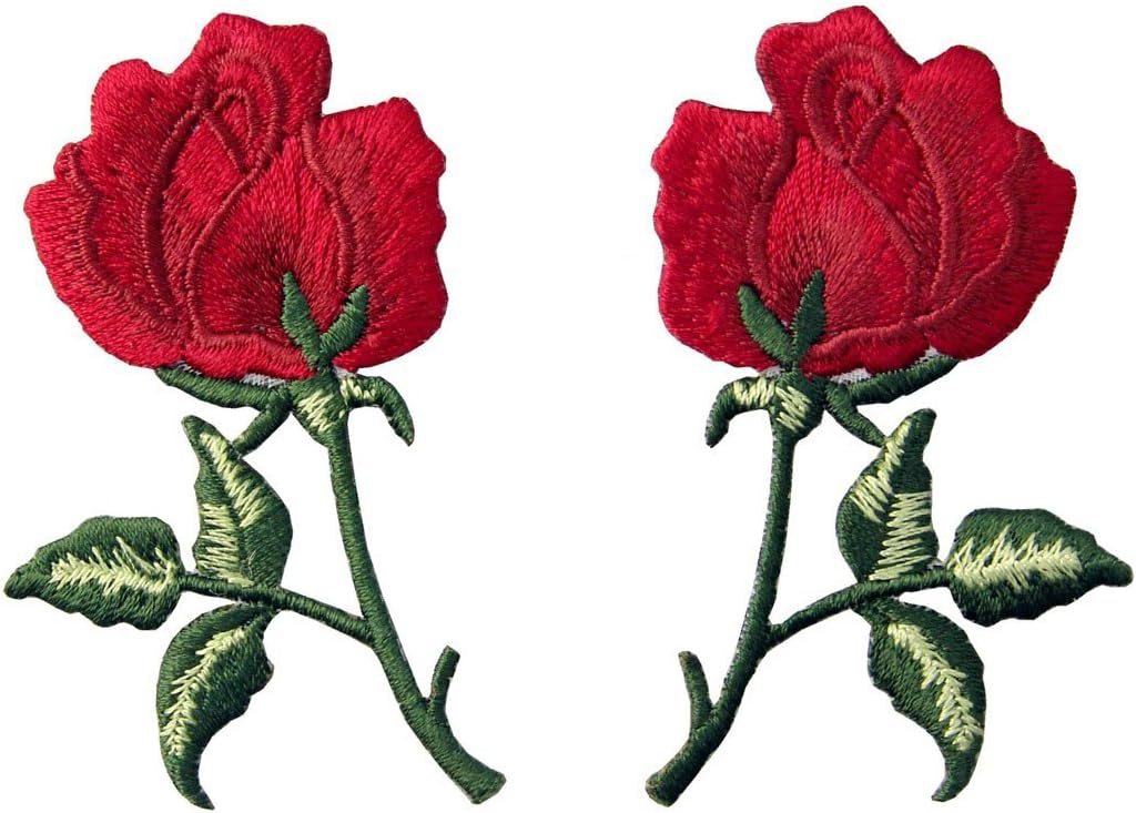 Flowers Boho Red Rose Patch Embroidered Retro Floral Applique Iron On Sew On Love Emblem, Set of 2 Pcs