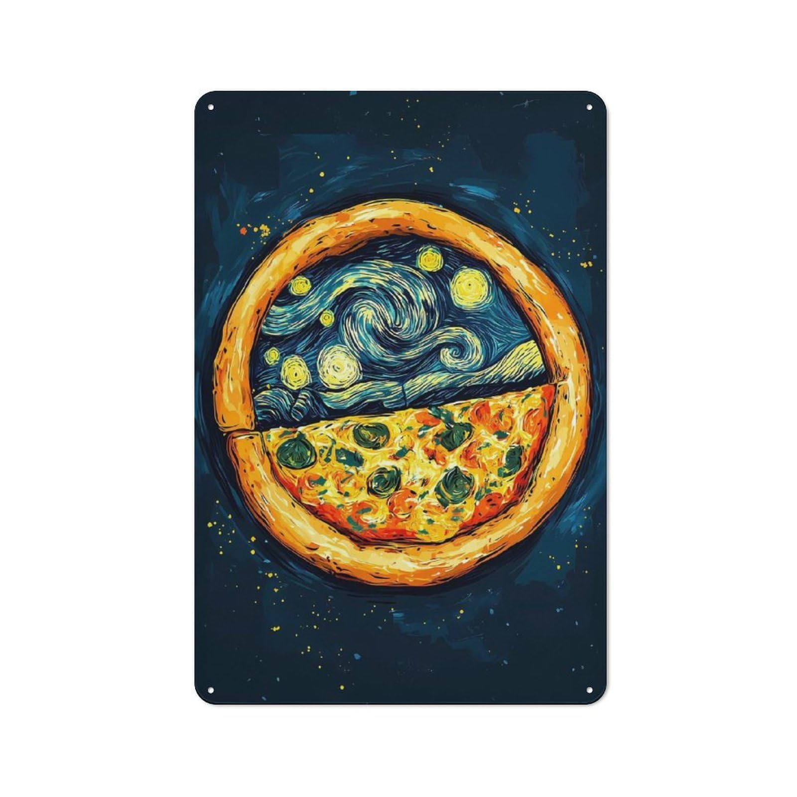 Junmoney Pizza Starry Night Art Retro-Style Tin Sign 30X20cm For Guest Room Or Hallway, For An Autumn Update To Guest Room And Hallway