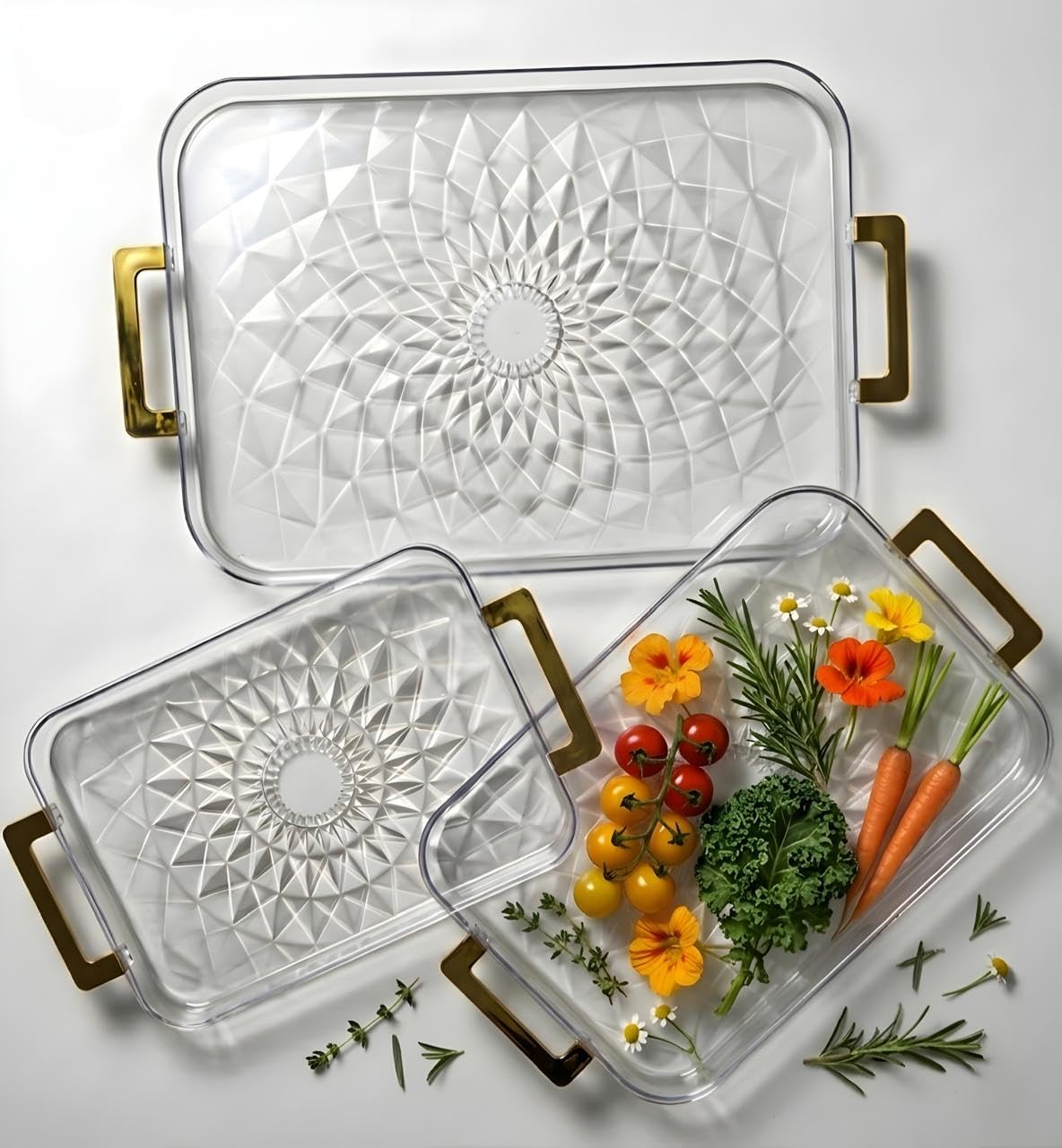 SORATH Crystal Serving Tray Set with Golden Handles, Premium Clear Decorative Platter Set, Multipurpose Snack Dessert Organizer for Home Kitchen Party Serving (Set of 3 Sizes)-image-0