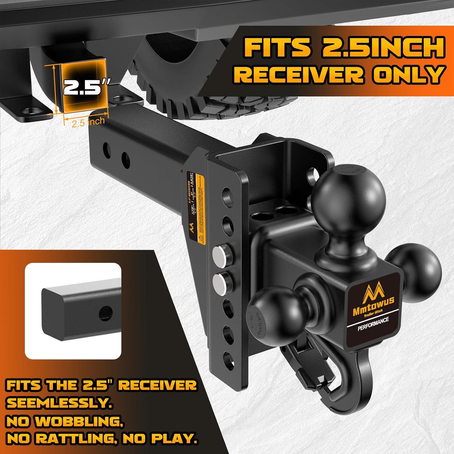 Adjustable Trailer Hitch -Drop Hitch -Tri Ball Mount w/Hook (1-7/8'', 2''&2-5/16''), Fits 2.5-Inch Receiver, 6'' Drop/Rise 15,000 LBS GTW Tow Hitch, 3 Ball Hitches for Trucks, RV, Camper etc