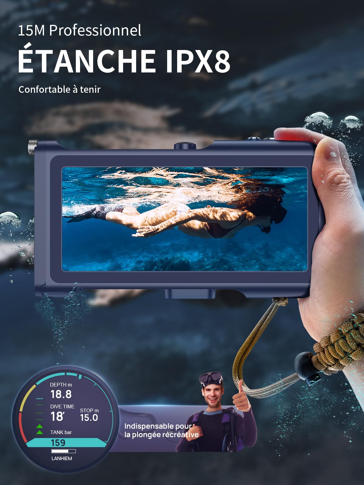 Pochette Étanche [Universelle] Coque Téléphone Protection IPX8 Plongée Étui [Fonction Bluetooth][Mise au Point réglable] pour iPhone Samsung Xiaomi 4.7-6.9'' 15M sous Marine Housse,Bleu Orangé