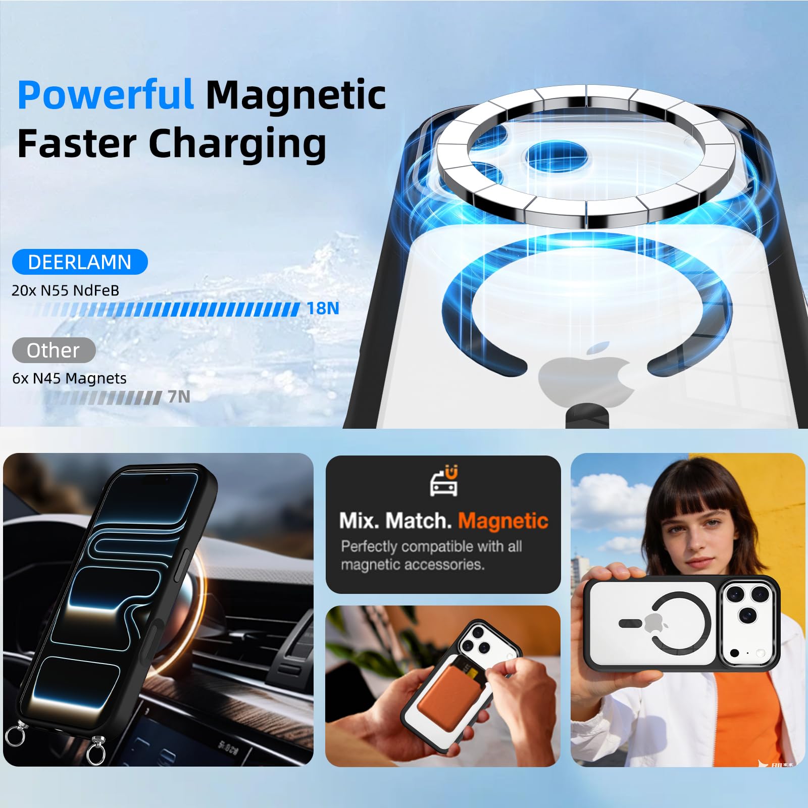 Pnakqil Magnetyczne etui na iPhone'a 17 Pro ze smyczą, kompatybilne z MagSafe, twarde etui PC cienkie silikonowe TPU odporne na wstrząsy zderzak ochronny ze sznurkiem naszyjnik pasek na ramię etui
