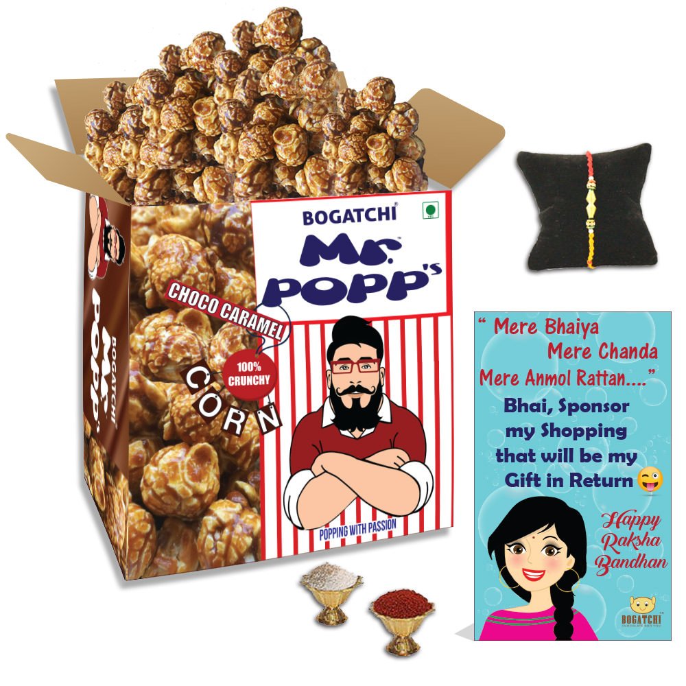 BOGATCHI Mr.POPP's Chocolate Crunchy Caramel Popcorn, Handcrafted Gourmet Popcorn, Perfect Rakhi Gift from Sister to Brother , 375g + Free Happy Rakhi Greeting Card + Free Rakhi-picture-17