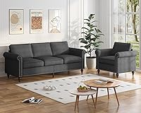 Vista 12 de BALUS Juego de sofá de 2 piezas, juego de sofás para sala de estar con patas de sofá de madera, muebles de sala de estar de lino con ribete