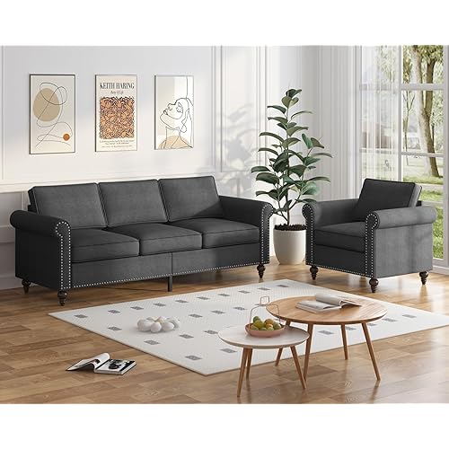 BALUS 2 Piece Sectional Couches for Living Room, Sofa and Loveseat Set with Nailhead Trim Design & Wood Frame, Linen Fabric Sofa Set with Gourd Wood Leg, Modern Couches for Living Room/Home-Dark Grey