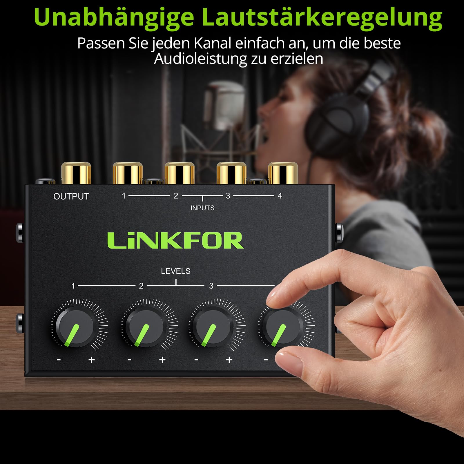 LiNKFOR Audio Mixer Stereo Passiver Mischer 4 Kanal Stereo Audiomischer mit 4 Eingänge und 1 Ausgang Mini-Stereomischer mit separaten Lautstärkereglern für Mischinstrument, CD-Player, Clubs/Bars, PC