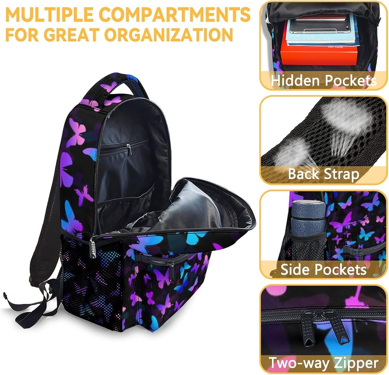 Butterfly Backpack for Kids Girls, 16" Cute Cartoon Backpack for School, Large Capacity Bookbag for Students, Backpack Gifts for Butterfly Lovers - Image 6