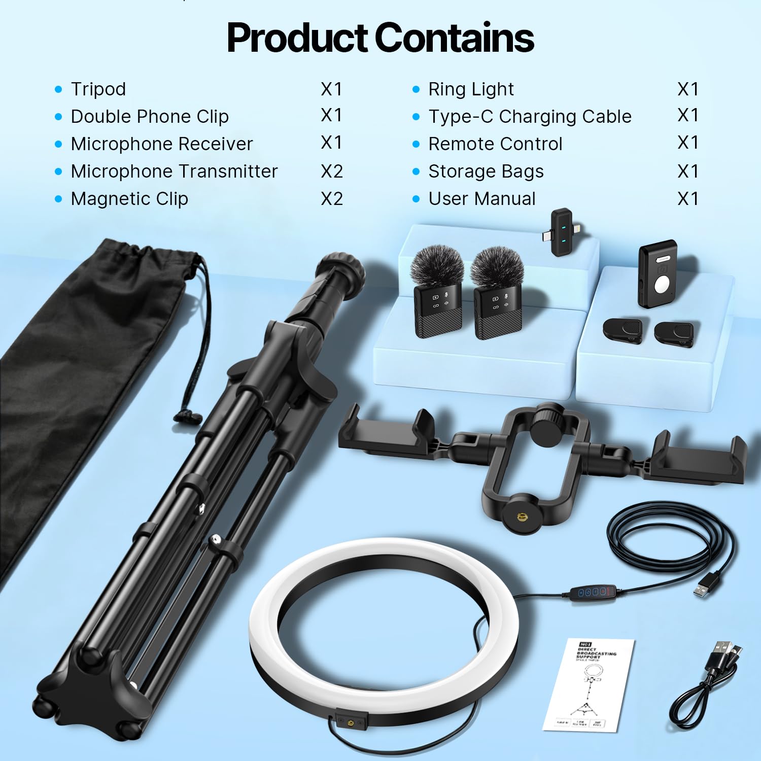 yAyusi Kit de Vlogging para iPhone/Android, Trípode Extensible de 198 cm con Micrófono/Anillo de Luz/Soporte para Teléfono/Control Remoto, Adecuado para Grabación de Vídeo y Transmisión en Vivo
