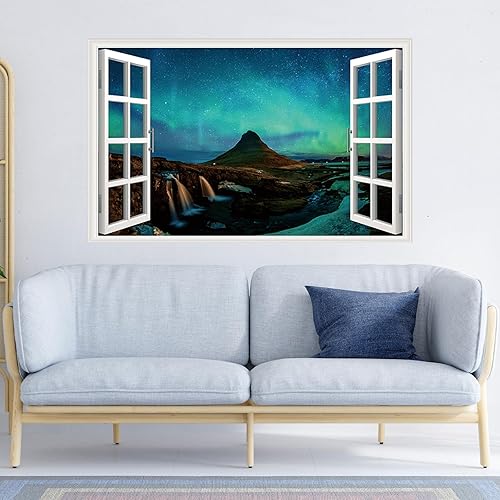 Miniatura 3 de HINIHAO Calcomanías de pared 3D para ventana falsa de aurora, luces del norte, montañas, decoración para sala de estar, dormitorio, pasillo (Aurora)
