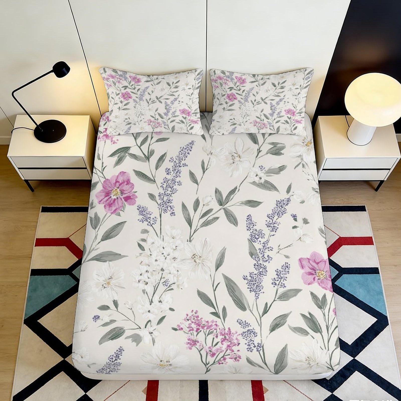 3D Printed Botanical Floral Fitted Sheet Microfiber Non-slip Breathable Pastel Leaf Bed Sheet for Bedroom Guest Room Decor 90x200x25cm