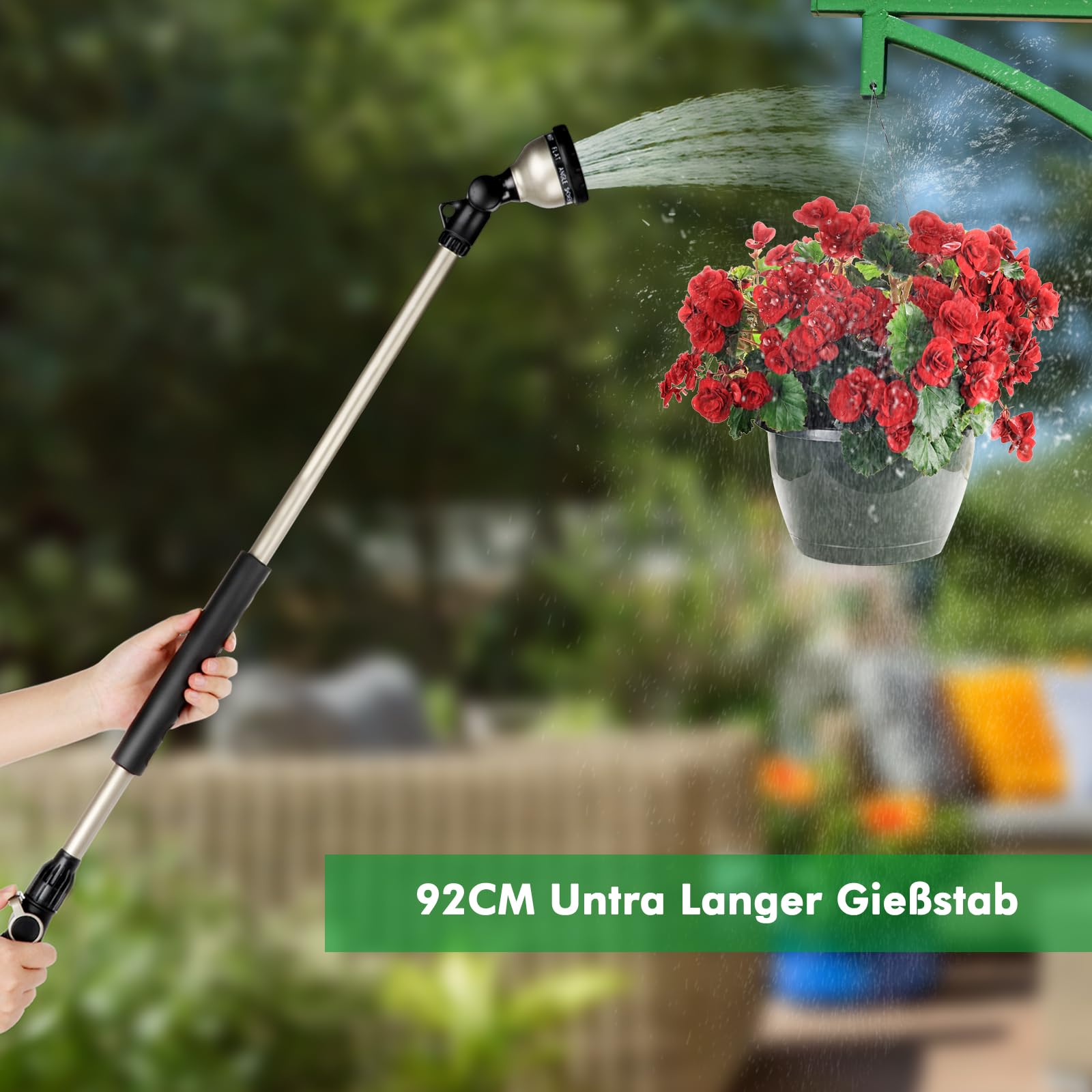 RESTMO 92 cm Untra Langer Gießstab, Gartenbrause Metall mit 180° schwenkbaren Kopf | 10 Sprühmustern | Daumenflusskontrolle | Bewässerung Zauberstab zum für Blumenampeln und Sträucher