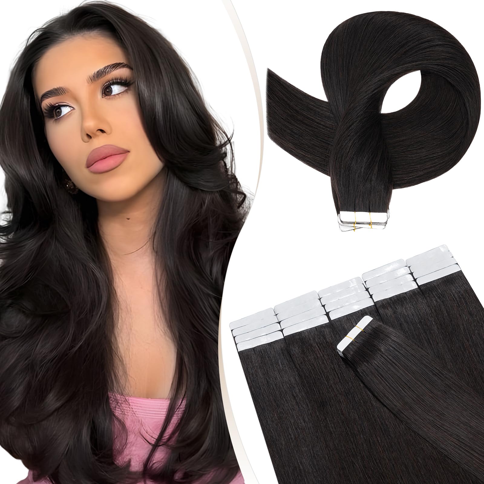 Elailite 20 Pcs Tape Hair Extensions Real Human Hair Black, Thin Type