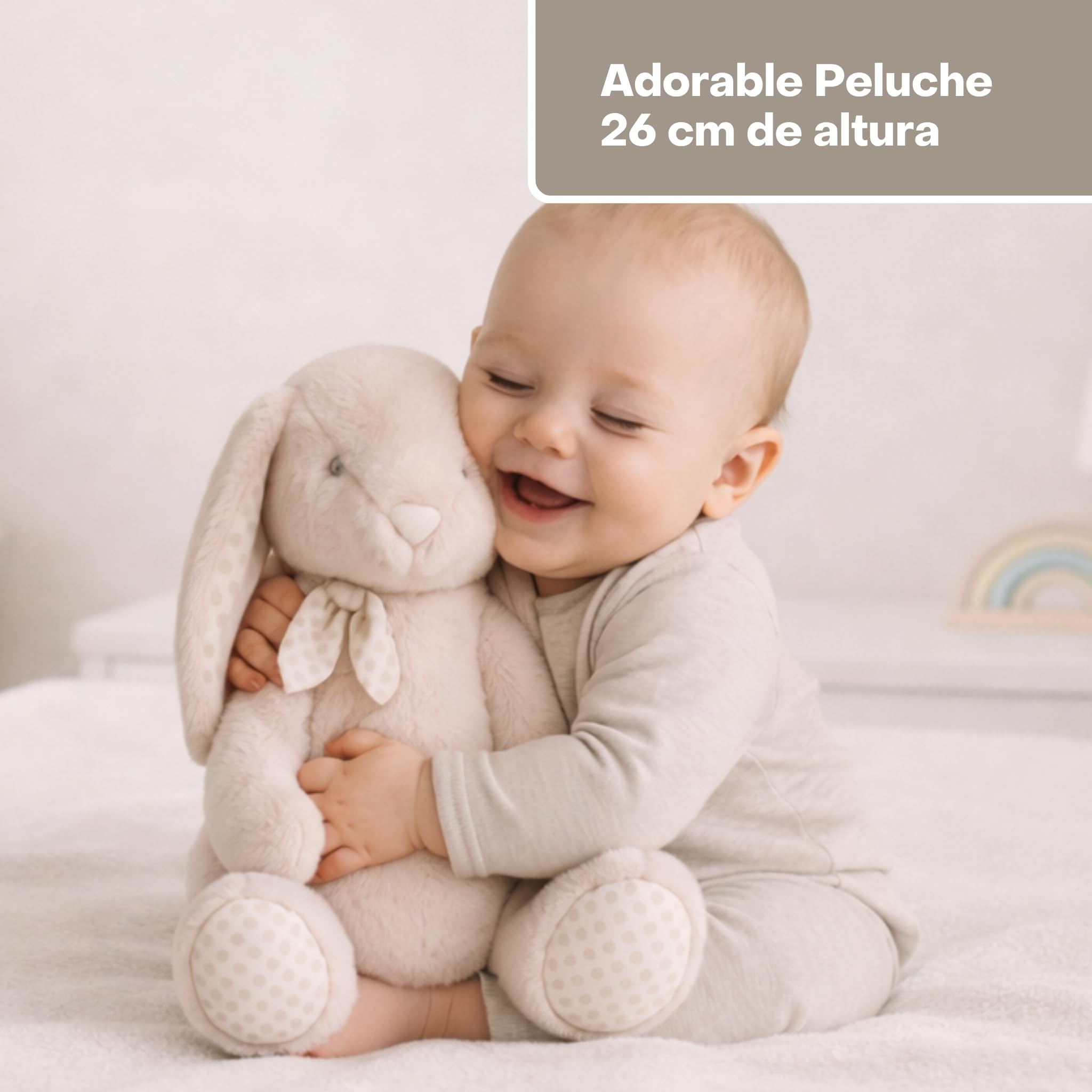 Canastilla Bebé Recién Nacido Personalizada Peluche (Beige) | Canastilla personalizada con manta coralina, peluche conejito, gasa bordada, set cepillo y peine y marco nombre.