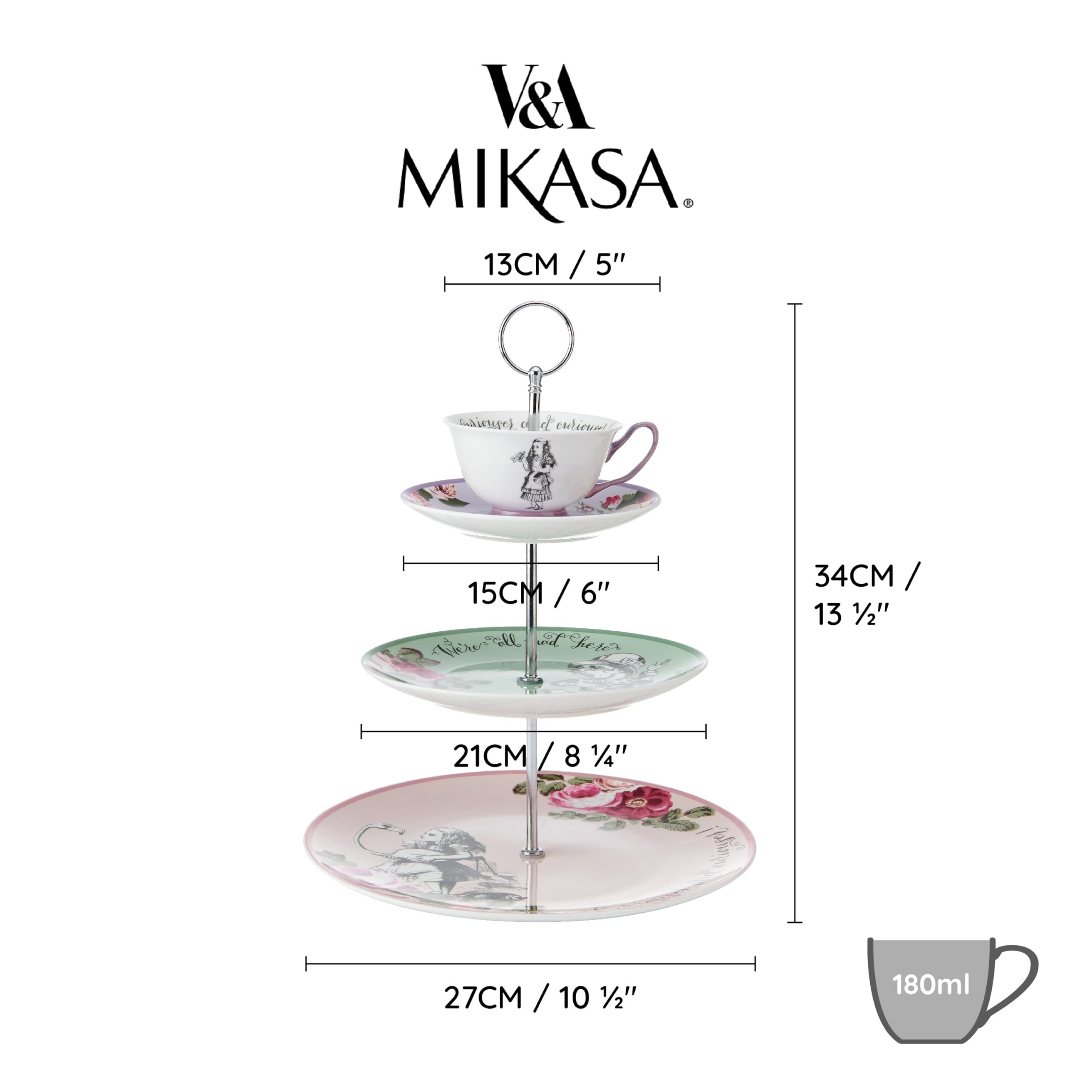 Mikasa and the V&A - Soporte para tartas de 3 niveles, soporte para té de la tarde con taza de té, té de Alicia en el país de las maravillas, porcelana de hueso, apto para lavavajillas y en caja de