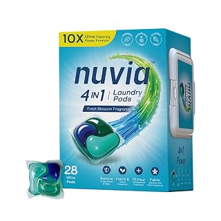 Nuvia 4-In-1 Laundry Pods for Top/Front Load Washing Machine, Tough Stain Removal Detergent Pod with Long-Lasting Fragrance, Easy Dissolve Formula 10x Ultra Cleaning Formula Medium - 28 Pods