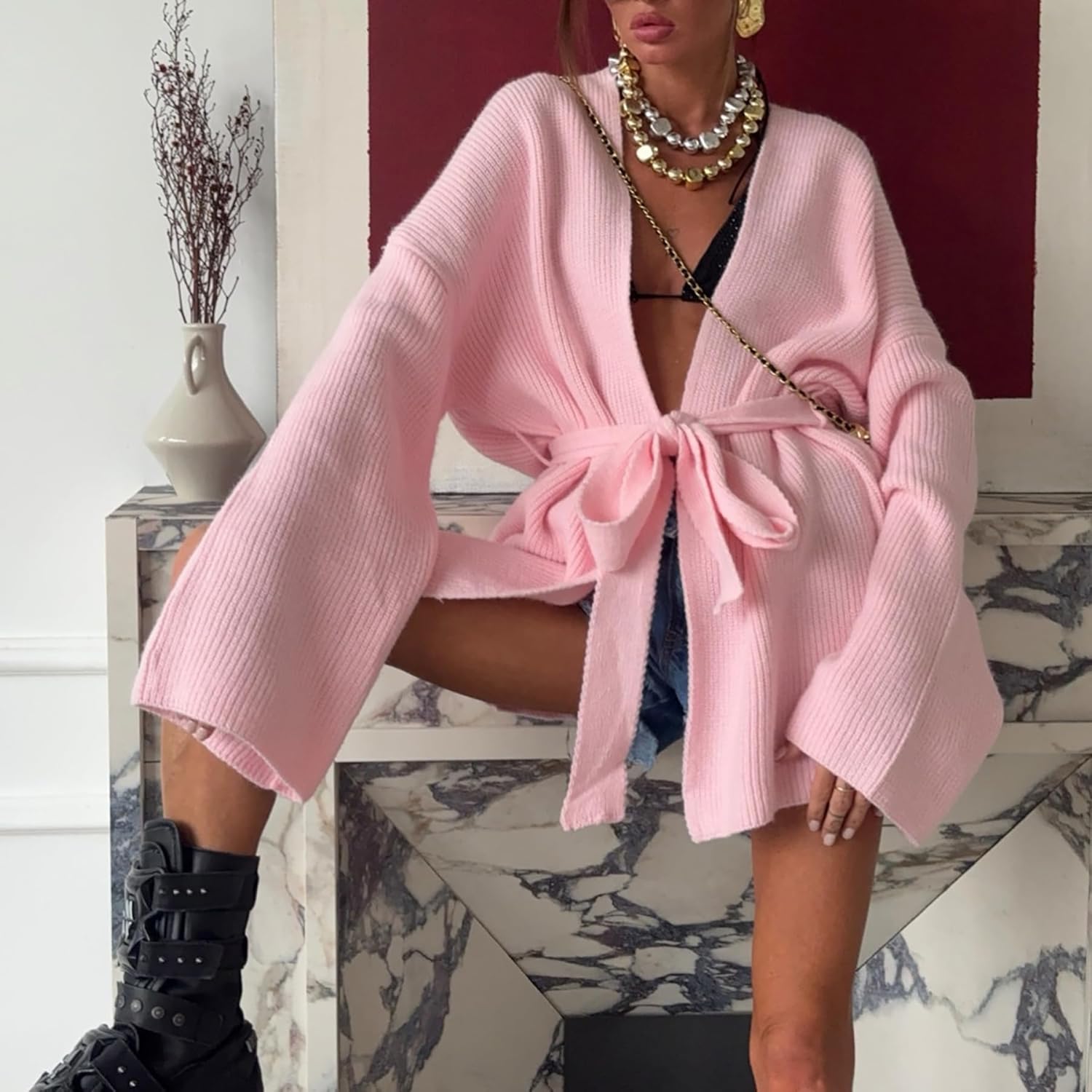 LKOUS Women's Long Sleeve Lightweight Soft Sweater V Neck Lace Up Waist Open Front Solid Knit Cardiagns with Belt - Image 5