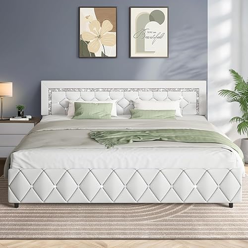 Miniatura 11 de HOMBCK Base de cama tamaño Queen con cabecera de diamante, cama tapizada de piel sintética con plataforma, base de colchón, no requiere somier,