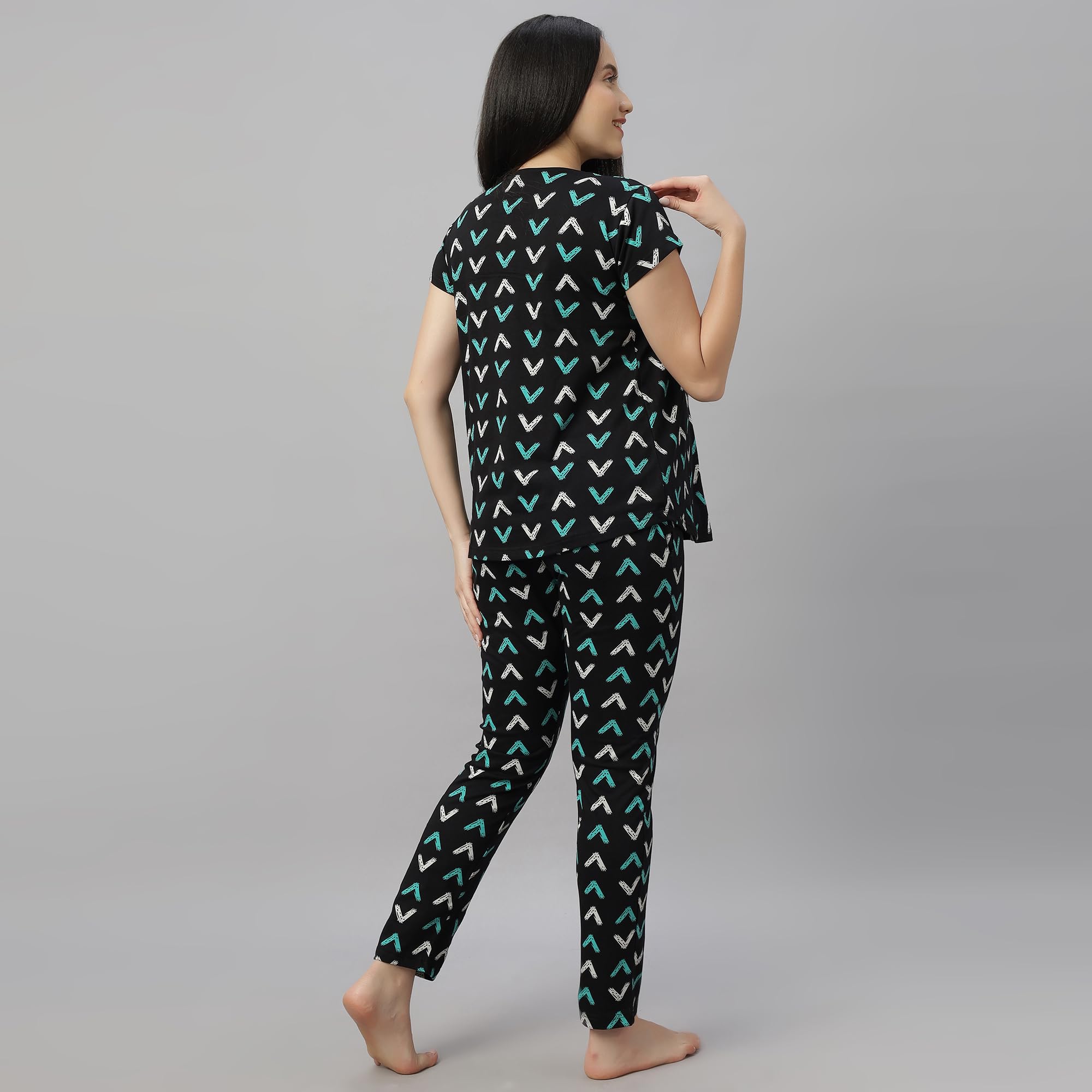 DZZO Women's Cotton Printed Maternity Night Suit | Comfortable Feeding Night Dress | Soft & Breathable Nursing Pajama Set | Color - Black, Size - L - Image 4 thumbnail