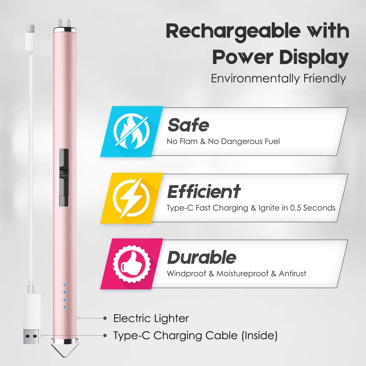 Flamgirlant Electric Lighter, Candle Lighter USB Rechargeable Battery Display, Flameless Portable Windproof Arc Lighter, Long Aluminum Case & Hanging Hook, Perfect BBQ Camping Cooking Candle Lighter : Health & Household