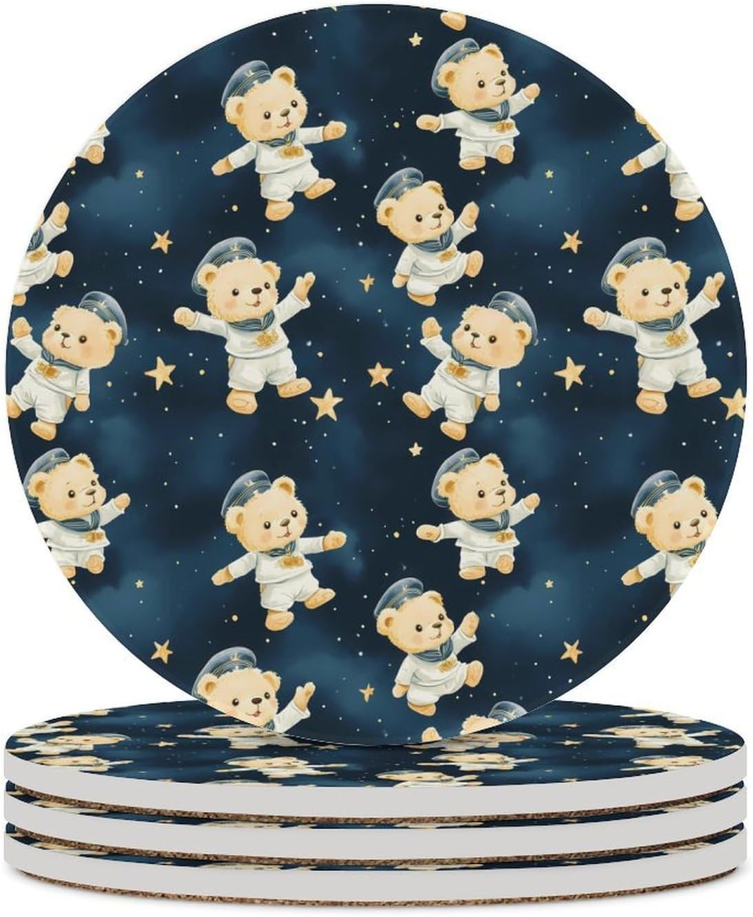 Cute Teddy Bears Stars Round Ceramic Coasters for Drinks Absorbent Cup Holder Tabletop Protector with Cork Base