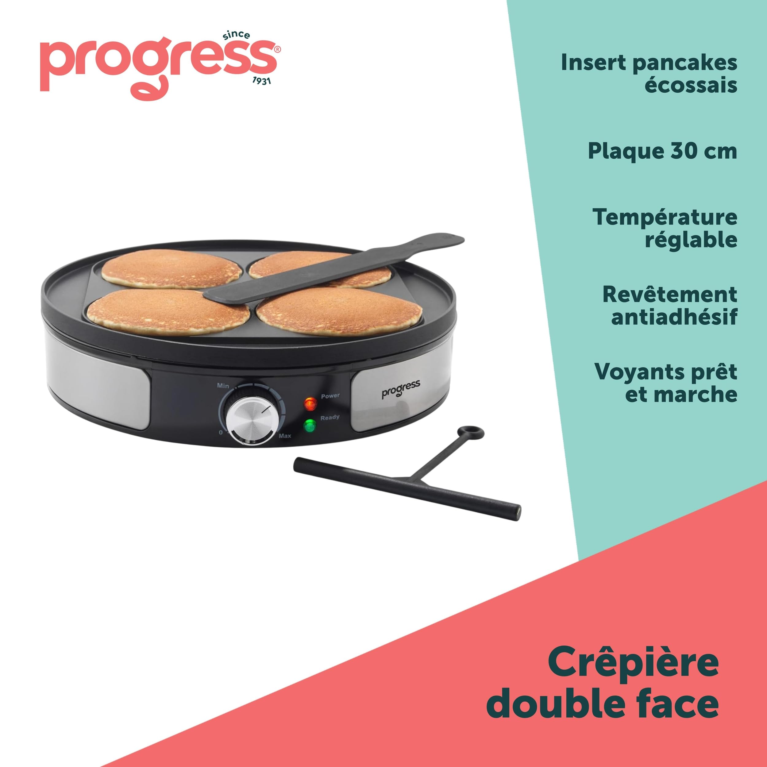 Crêpière Réversible Progress – Plaque de Cuisson 30 cm, Insert Scotch Pancakes, Revêtement Antiadhésif, Étaleur de Pâte & Spatule, Contrôle de Température Réglable, 1000W