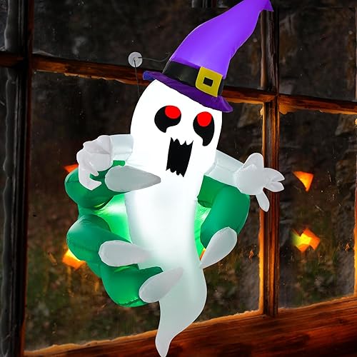 Vista 9 de GOFLAME Fantasma inflable de Halloween de 3.6 pies en la mano, estallado de la ventana, decoraciones inflables con luces LED integradas, 3 ventosas