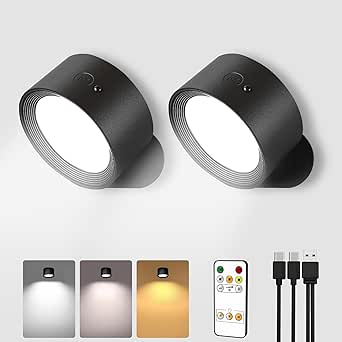 Lámparas de pared LED, apliques de pared recargables, 3 temperaturas de color, control remoto y táctil, lámpara de pared inalámbrica regulable con rotación de 360° para estudio, dormitorio, lectura, mesita de noche (