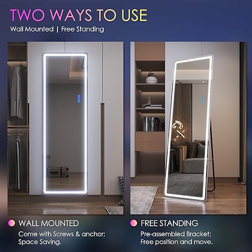 Miniatura 6 de LVSOMT Espejo LED RGB de 63 x 18 pulgadas, espejo de pie completo con luces, espejo de pie y montaje en pared, espejo iluminado de cuerpo completo,