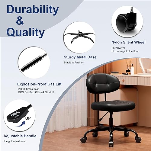 Miniatura 6 de Misolant Silla de tocador con respaldo, pequeña silla de oficina sin brazos con ruedas y soporte lumbar, cómodas sillas de escritorio de piel